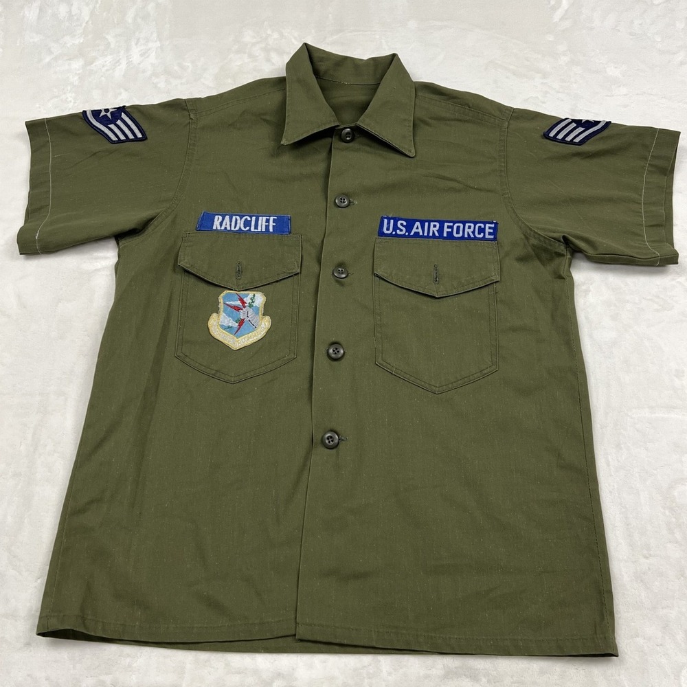 Vintage US Air Force Utility Shirt Mens M Green Patched Strategic Air Command
